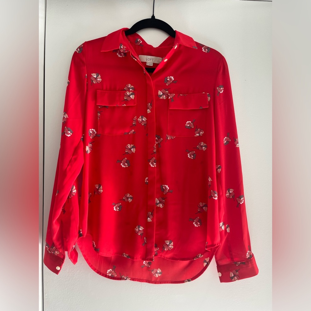 Loft V-neck Red Flower Blouse